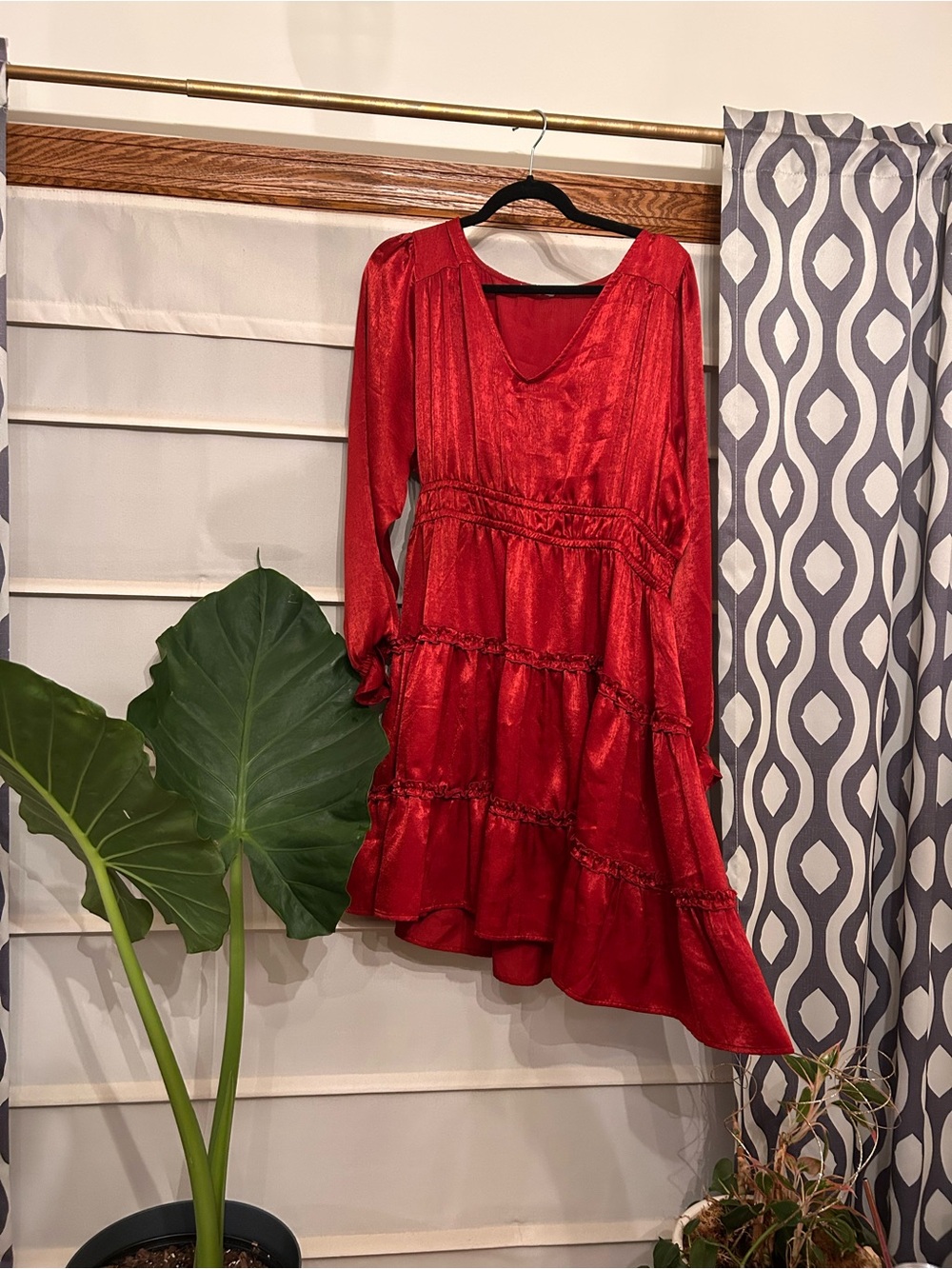Maurice's Satin Red Long-Sleeve Tiered V-Neck Dress